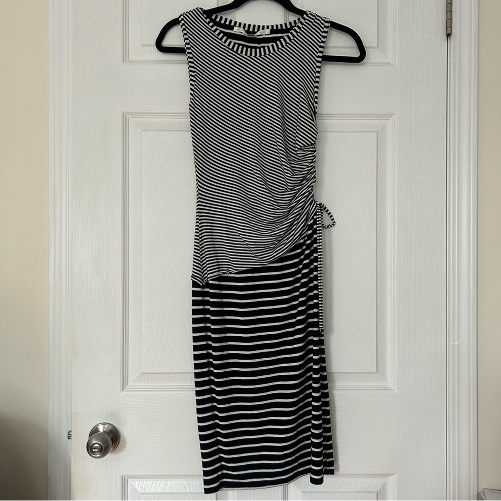 Max Studio Black and White Striped Midi Ruched A Symmetrical Dress